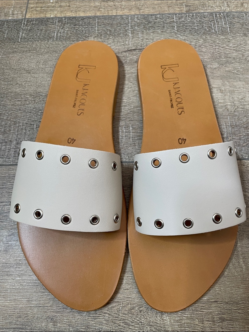 K.Jacques Cream Leather Slide Sandals with Silver Eyelets Size 40 US 9-9.5